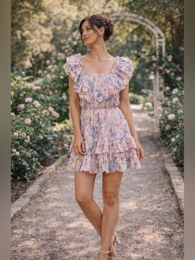 LoveShackFancy Fatima Floral Mini Dress Sz M Pink Boho Ruffle